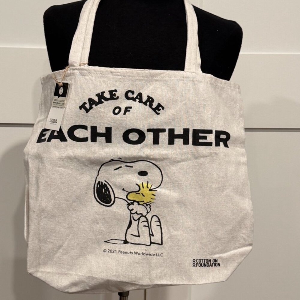NWT Peanuts Snoopy Woodstock Cotton Foundation Book Bag Take Care Each of Other